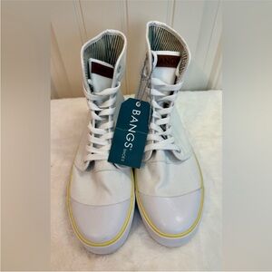 BANGS Size 9.5 White High-Top Sneakers with Yellow Accent NWT